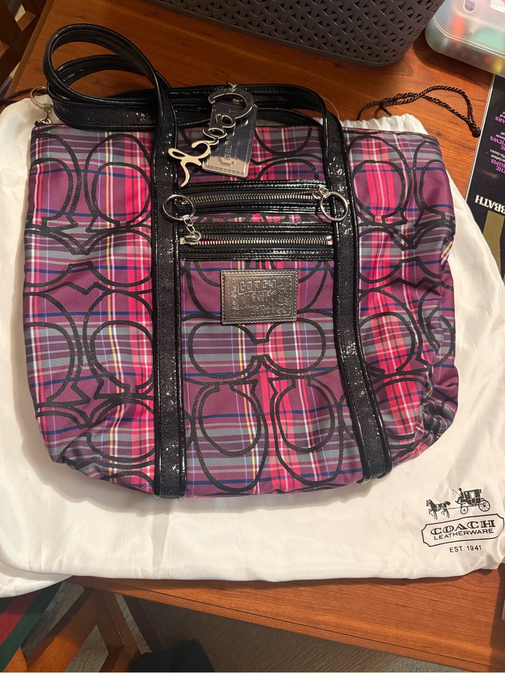 Coach Pink and Purple Plaid Signature Tote with Black Trim